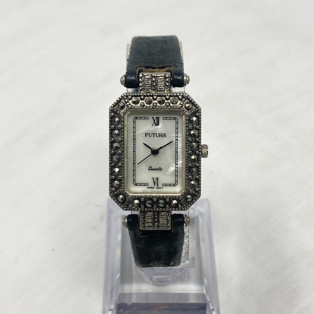 Vintage Futura Marcasite Tank Watch Women 22mm Silver Tone MOP New Battery 7.5" - Picture 3 of 16